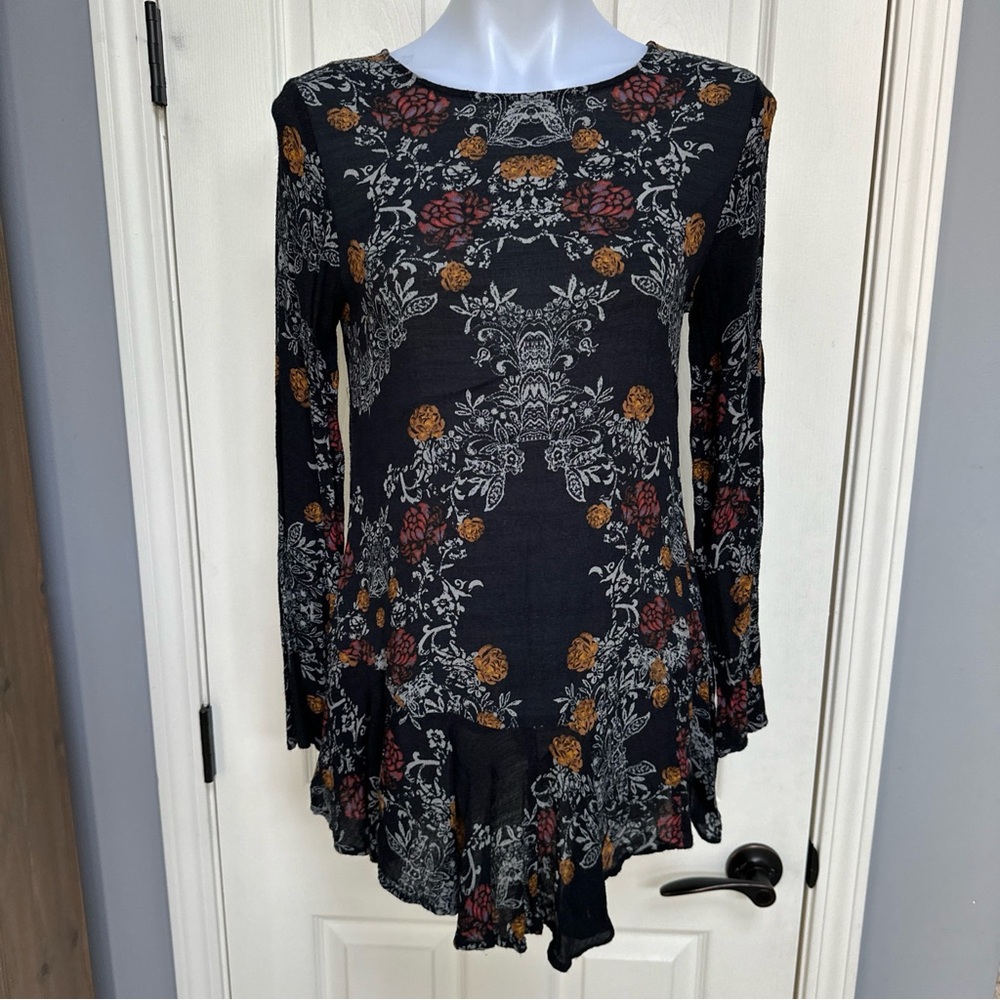 Free People Floral Tunic Top Dress Pocket Boho Festival Ruffle Open Back Sexy XS - Picture 1 of 8